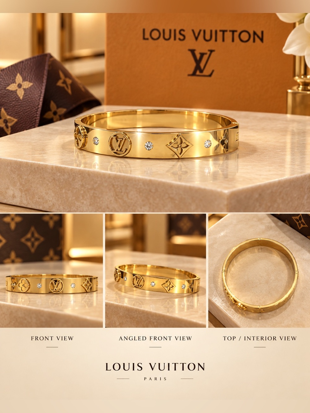 Gold Engraved Bangle Bracelet with Crystal Accents